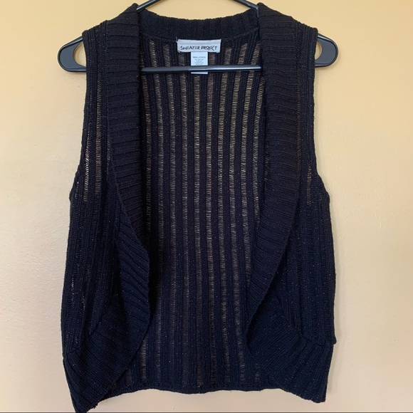 Sweater Project Y2K 90s Black Metallic Short Sleeveless Open Cardigan Size Small - Picture 1 of 6